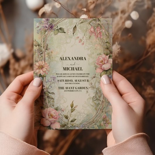  Roze Paarse Bloemen Art Nouveau Bruiloft Kaart