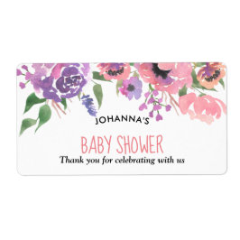Roze Paarse bloemen | Baby shower Dank u Etiket