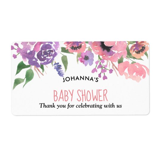 Roze Paarse bloemen | Baby shower Dank u Etiket (Voorkant)
