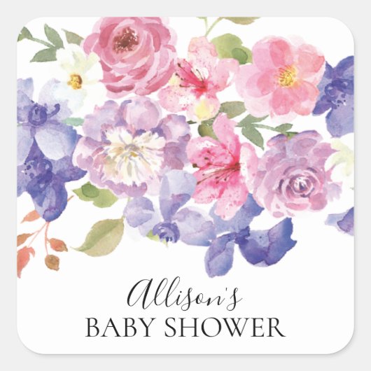Roze & Paarse Bloemen Baby showers Envelope Seal Vierkante Sticker (Voorkant)