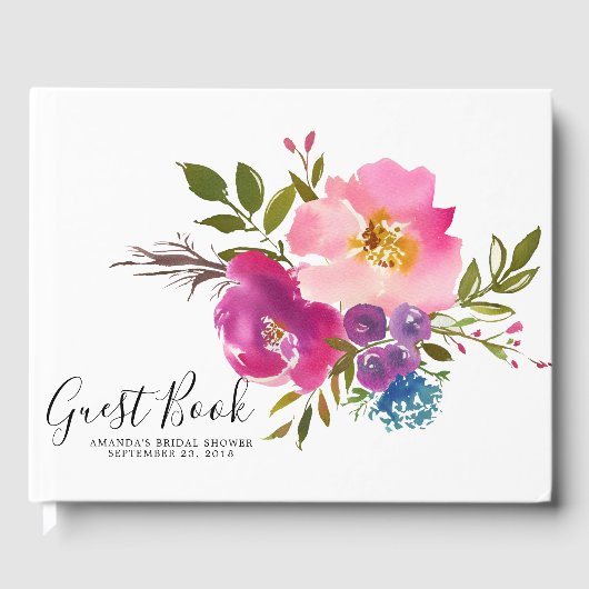 Roze & Paarse Bloemen Baby Vrijgezellenfeest Gastb Gastenboek (Voorkant)
