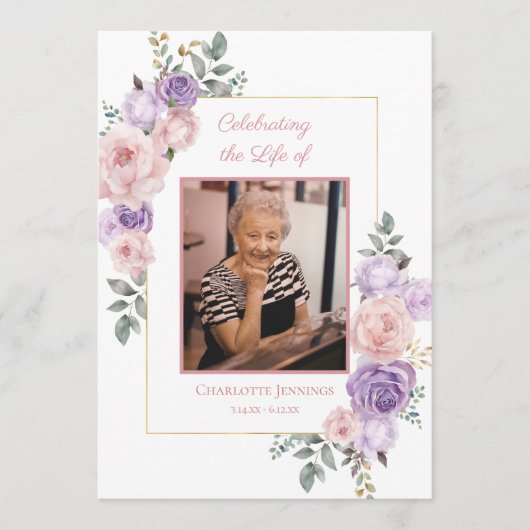 Roze Paarse Bloemen Begrafenisprogramma Programmakaart (Voorkant)