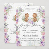 Roze Paarse Bloemen Beren Tea Twins Baby shower Kaart (Voorkant / Achterkant)