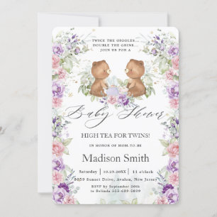 Roze Paarse Bloemen Beren Tea Twins Baby shower Kaart