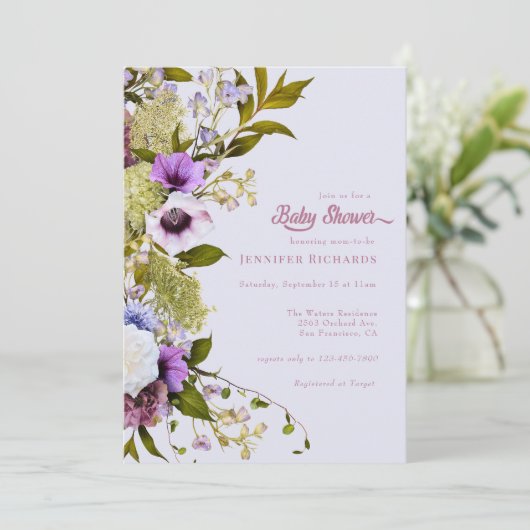 Roze paarse bloemen | Bloom Baby shower Kaart (Staand voorkant)