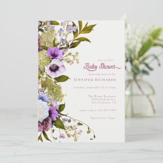 Roze paarse bloemen | Bloom Baby shower Kaart (Staand voorkant)