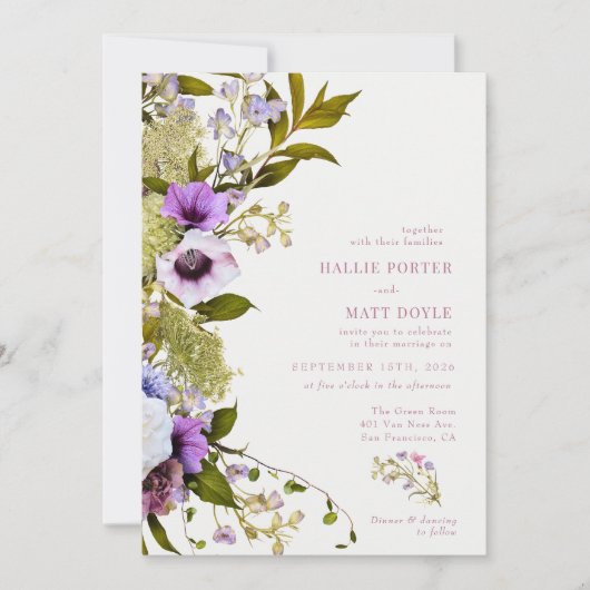 Roze paarse bloemen | Bloom Bruiloft Kaart (Voorkant)