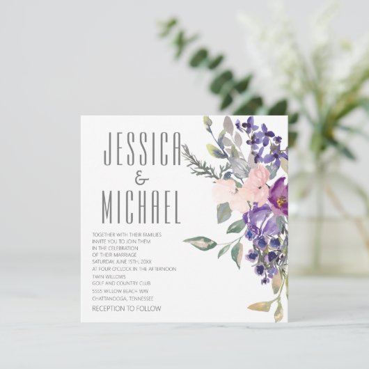 Roze Paarse Bloemen Botanische Huwelijk Kaart (Staand voorkant)