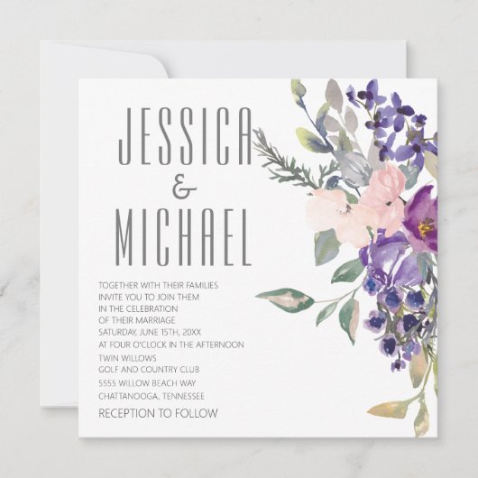 Roze Paarse Bloemen Botanische Huwelijk Kaart (Voorkant)