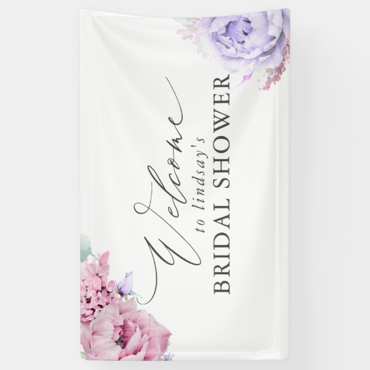 Roze Paarse Bloemen Bruids / Baby shower Welkom Spandoek (Verticaal)