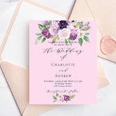 Roze paarse bloemen budget bruiloft uitnodiging