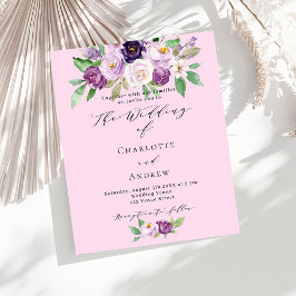 Roze paarse bloemen budget bruiloft uitnodiging