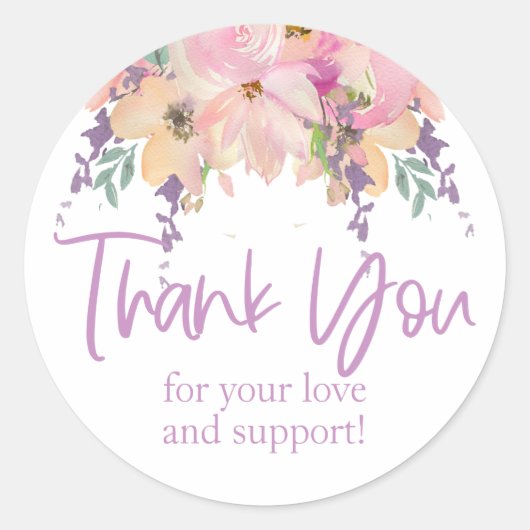 Roze Paarse Bloemen Dank u Verjaardagsbruiloft Ronde Sticker (Voorkant)