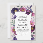 Roze Paarse Bloemen Elegante Moderne QR Code Huwel Kaart (Voorkant)