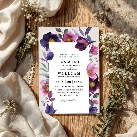Roze Paarse Bloemen Elegante Moderne QR Code Huwel Kaart