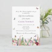 Roze paarse bloemen en botervliegen | Quinceañera Kaart (Staand voorkant)