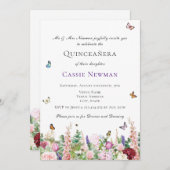 Roze paarse bloemen en botervliegen | Quinceañera Kaart (Voorkant / Achterkant)