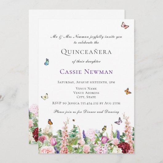 Roze paarse bloemen en botervliegen | Quinceañera Kaart (Voorkant / Achterkant)