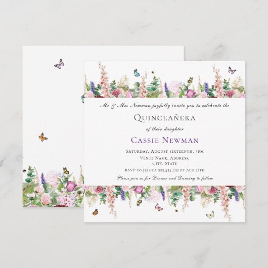 Roze paarse bloemen en botervliegen | Quinceañera Kaart (Voorkant / Achterkant)