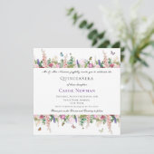 Roze paarse bloemen en botervliegen | Quinceañera Kaart (Staand voorkant)