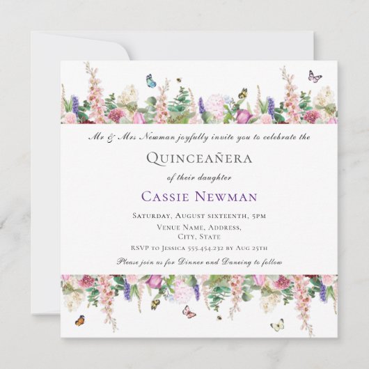 Roze paarse bloemen en botervliegen | Quinceañera Kaart (Voorkant)