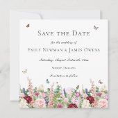 Roze paarse bloemen en botervliegen Sla de datum o Save The Date (Voorkant)