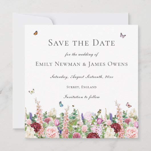 Roze paarse bloemen en botervliegen Sla de datum o Save The Date (Voorkant)
