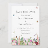 Roze paarse bloemen en botervliegen Sla de datum o Save The Date (Voorkant)