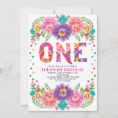  Roze Paarse Bloemen Fiesta Meisje 1e Verjaardag Kaart (Voorkant)