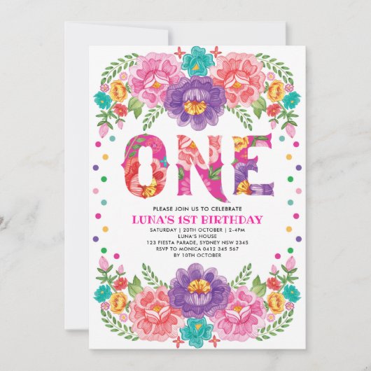  Roze Paarse Bloemen Fiesta Meisje 1e Verjaardag Kaart (Voorkant)