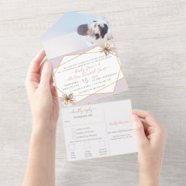 Roze Paarse Bloemen Geometrisch Goud Lijst Bruilof All In One Uitnodiging