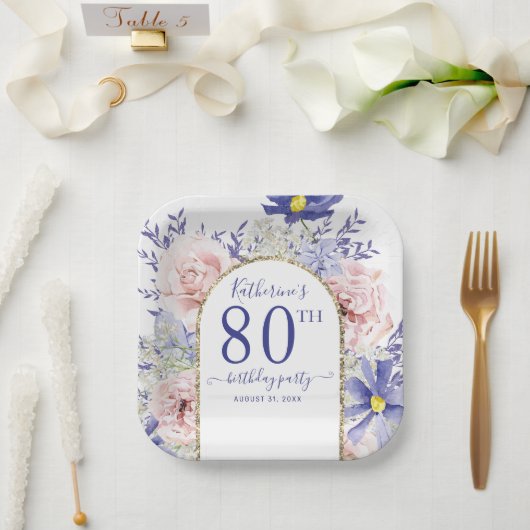 Roze Paarse Bloemen God Lijst 80ste Verjaardagsfee Papieren Bordje (Huwelijk)