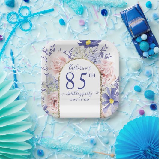 Roze Paarse Bloemen God Lijst 85ste Verjaardagsfee Papieren Bordje (Feest)