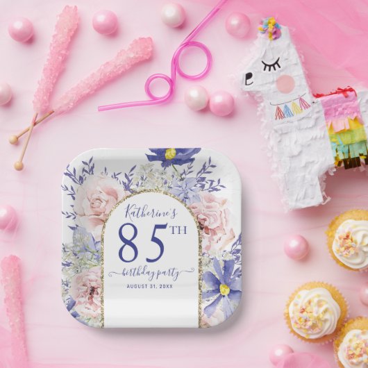 Roze Paarse Bloemen God Lijst 85ste Verjaardagsfee Papieren Bordje (Feest)