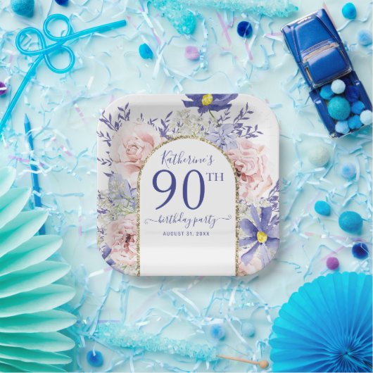 Roze Paarse Bloemen God Lijst 90ste Verjaardagsfee Papieren Bordje (Feest)