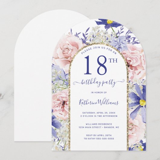 Roze Paarse Bloemen Gouden Boog 18e Verjaardagsfee Kaart (Voorkant / Achterkant)
