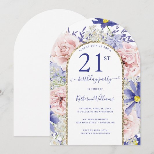 Roze Paarse Bloemen Gouden Boog 21ste Verjaardagsf Kaart (Voorkant / Achterkant)