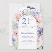 Roze Paarse Bloemen Gouden Boog 21ste Verjaardagsf Kaart (Voorkant)
