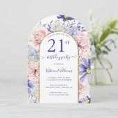 Roze Paarse Bloemen Gouden Boog 21ste Verjaardagsf Kaart (Staand voorkant)