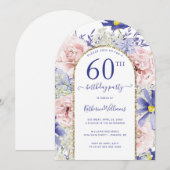 Roze Paarse Bloemen Gouden Boog 60ste Verjaardag P Kaart (Voorkant / Achterkant)
