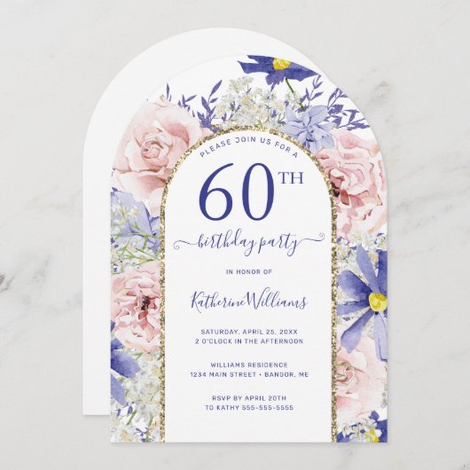 Roze Paarse Bloemen Gouden Boog 60ste Verjaardag P Kaart (Voorkant / Achterkant)