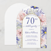 Roze Paarse Bloemen Gouden Boog 70ste Verjaardag P Kaart (Voorkant / Achterkant)