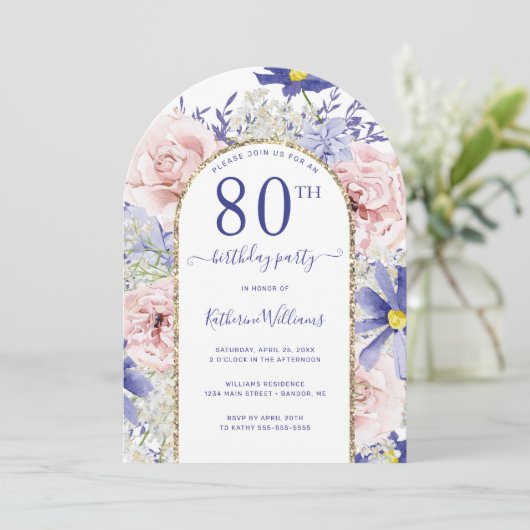 Roze Paarse Bloemen Gouden Boog 80ste Verjaardagsf Kaart (Staand voorkant)