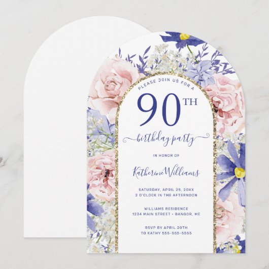 Roze Paarse Bloemen Gouden Boog 90ste Verjaardag P Kaart (Voorkant / Achterkant)