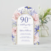 Roze Paarse Bloemen Gouden Boog 90ste Verjaardag P Kaart (Staand voorkant)