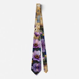 Roze paarse bloemen gouden patchwork stropdas
