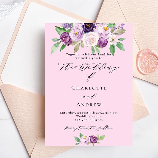 Roze paarse bloemen groen script bruiloft uitnodiging briefkaart