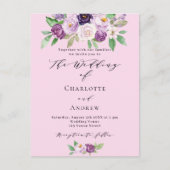 Roze paarse bloemen groen script bruiloft uitnodiging briefkaart (Voorkant)