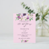 Roze paarse bloemen groen script bruiloft uitnodiging briefkaart (Staand voorkant)
