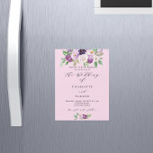 Roze paarse bloemen groen script luxe bruiloft magnetische uitnodiging